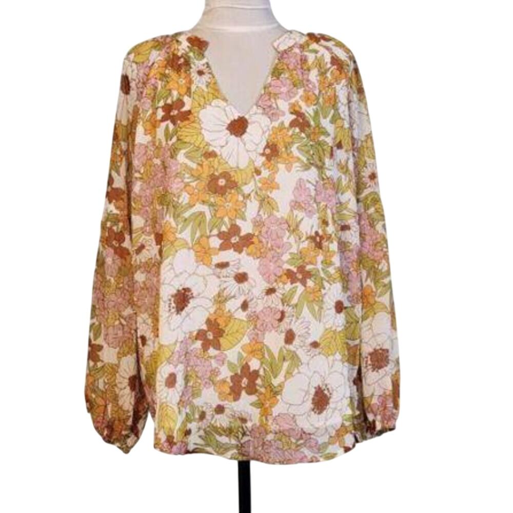 BTFBM Size Large Blouse Floral Tan Pink V Neck Long Sleeve Boho NWT